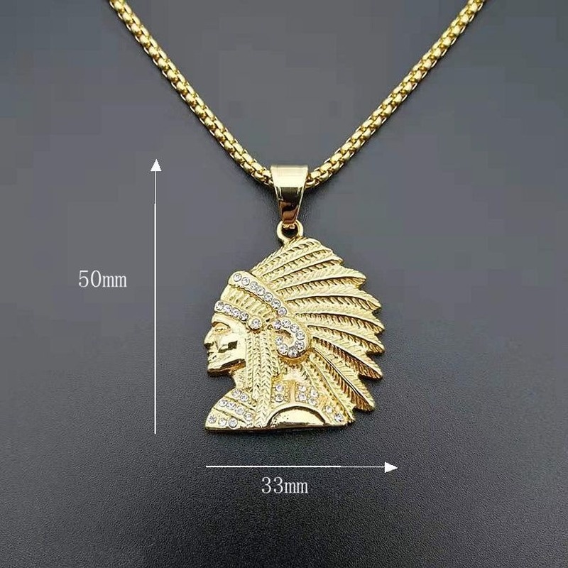 Kalung Rantai Liontin Kepala Suku Indian Bahan Stainless Steel 316 Lapis Emas Gaya Hip Hop