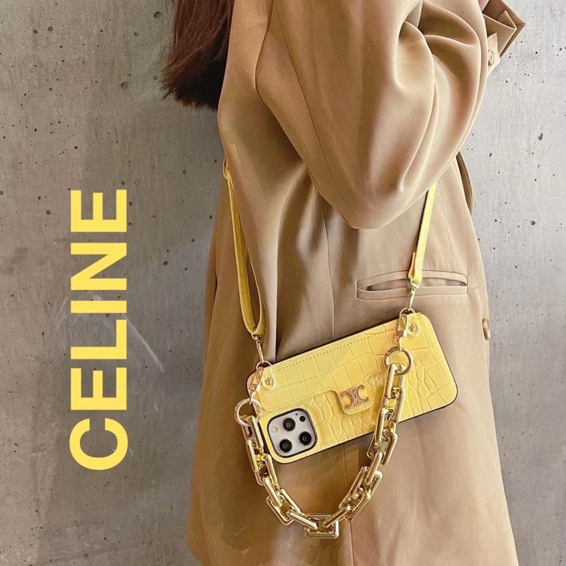 Pink &amp; Yellow C*line Softcase Sling Wallet Pouch Branded Case Lanyard Dompet Tali Selempang for iphones XS XS Max XR 11 Pro Max 12 Pro Max 13 Pro Max