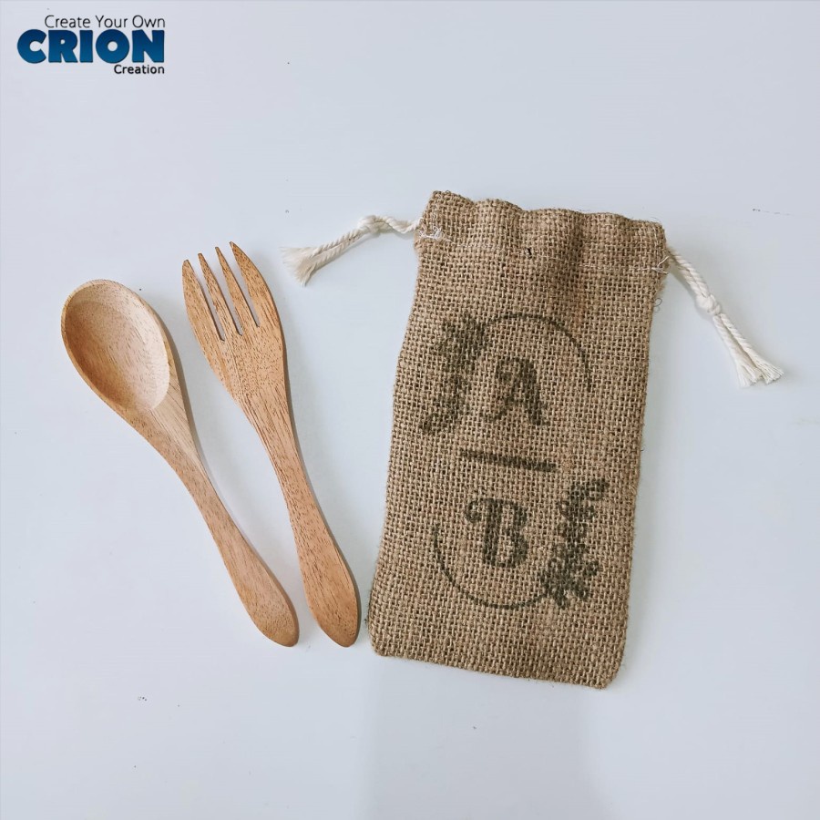 Wooden Cutlery - Sendok Garpu Kayu Set + Pouch Goni - Wedding Series