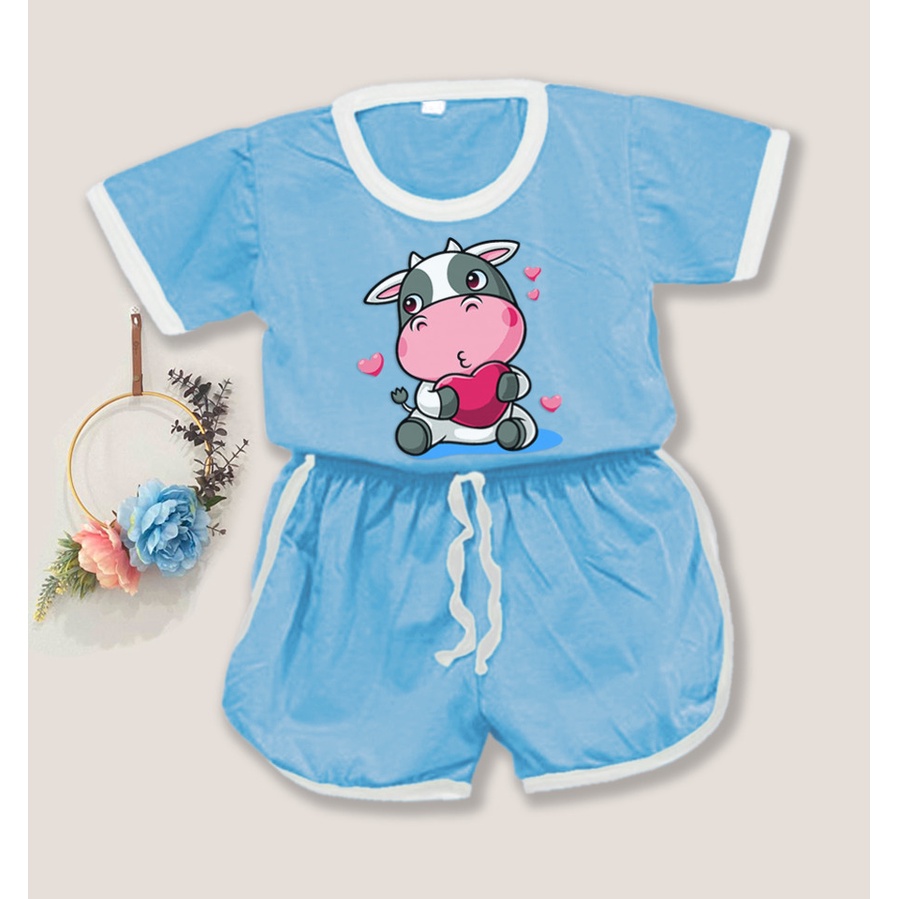 Setelan Baju Playful Colour Anak Karakter Cow / Setelan Anak Unisex Usia 1-5 tahun