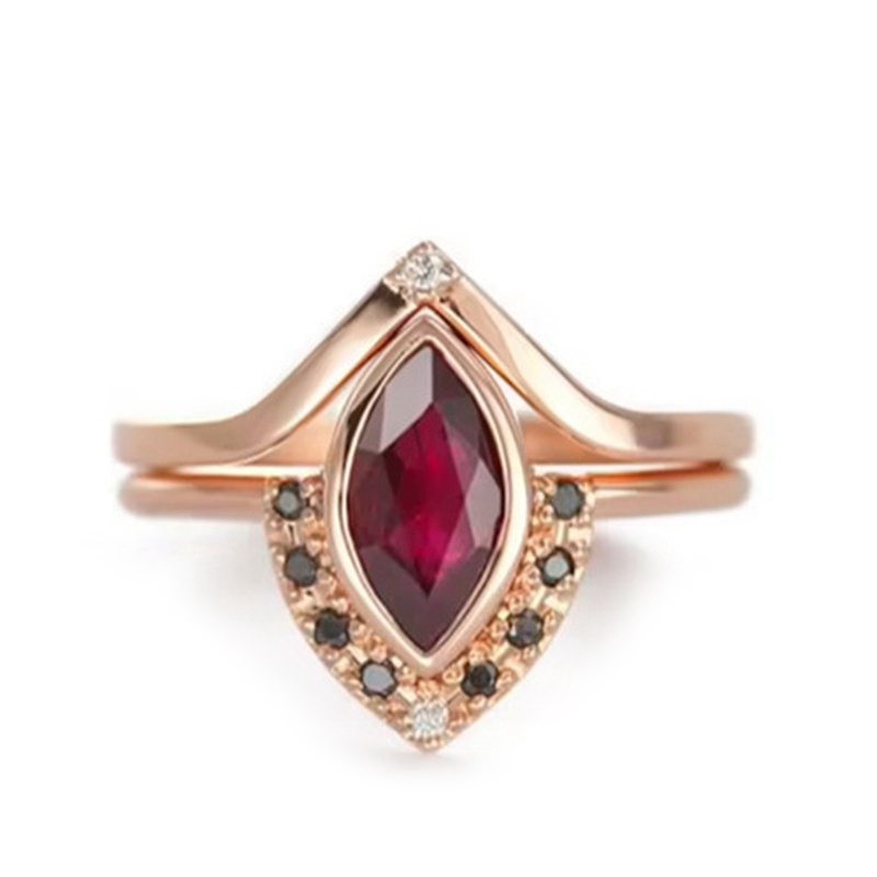 Fancyqube 2in1 Cincin Rose Gold 18k Hias Rubi Hitamberlian Imitasi Untuk Pertunanganpernikahanpengantin Wanita