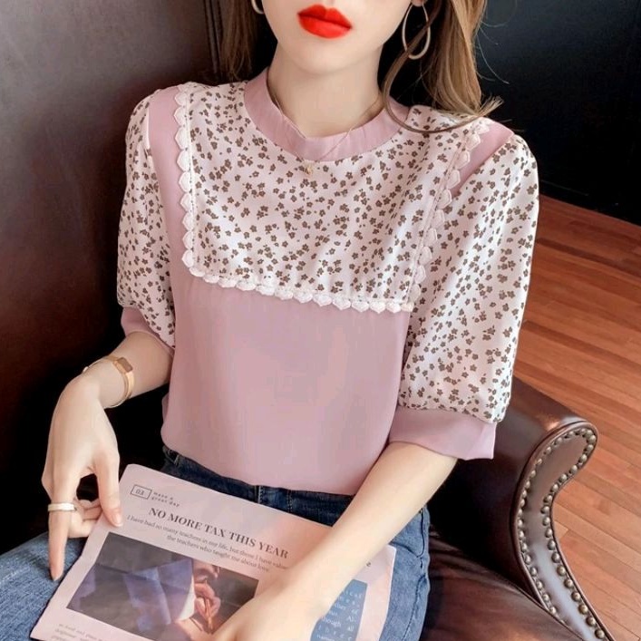 2466 Baju atasan blouse lengan pendek motif bunga army cream Korean style wanita import baju atasan 