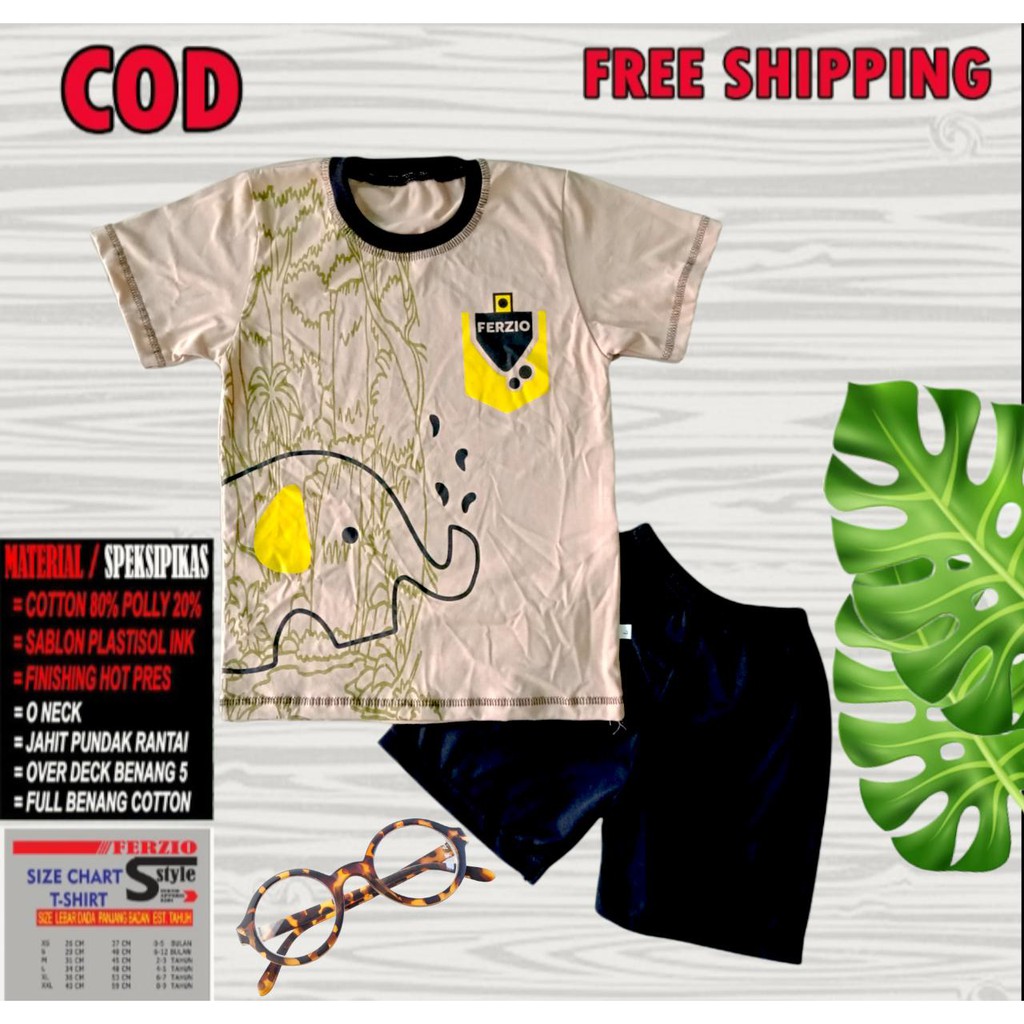 Baju Setelan Kaos Anak Usia 0 Bulan - 9 Tahun Gajah Cream