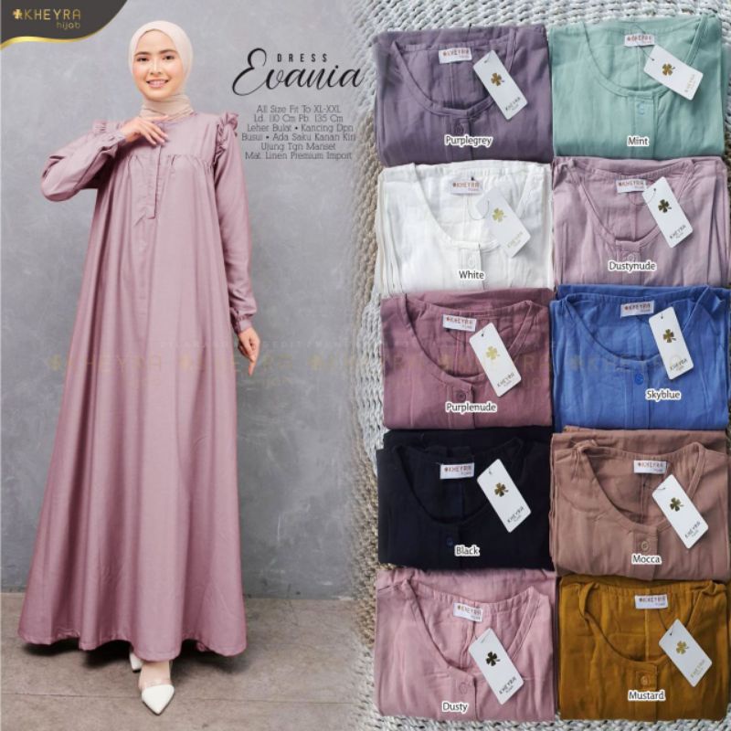 TERBARU GAMIS EVANIA, BAHAN LINEN PREMIUM IMPORT, LD.110 PB.135, BUSUI, by KHEYRA