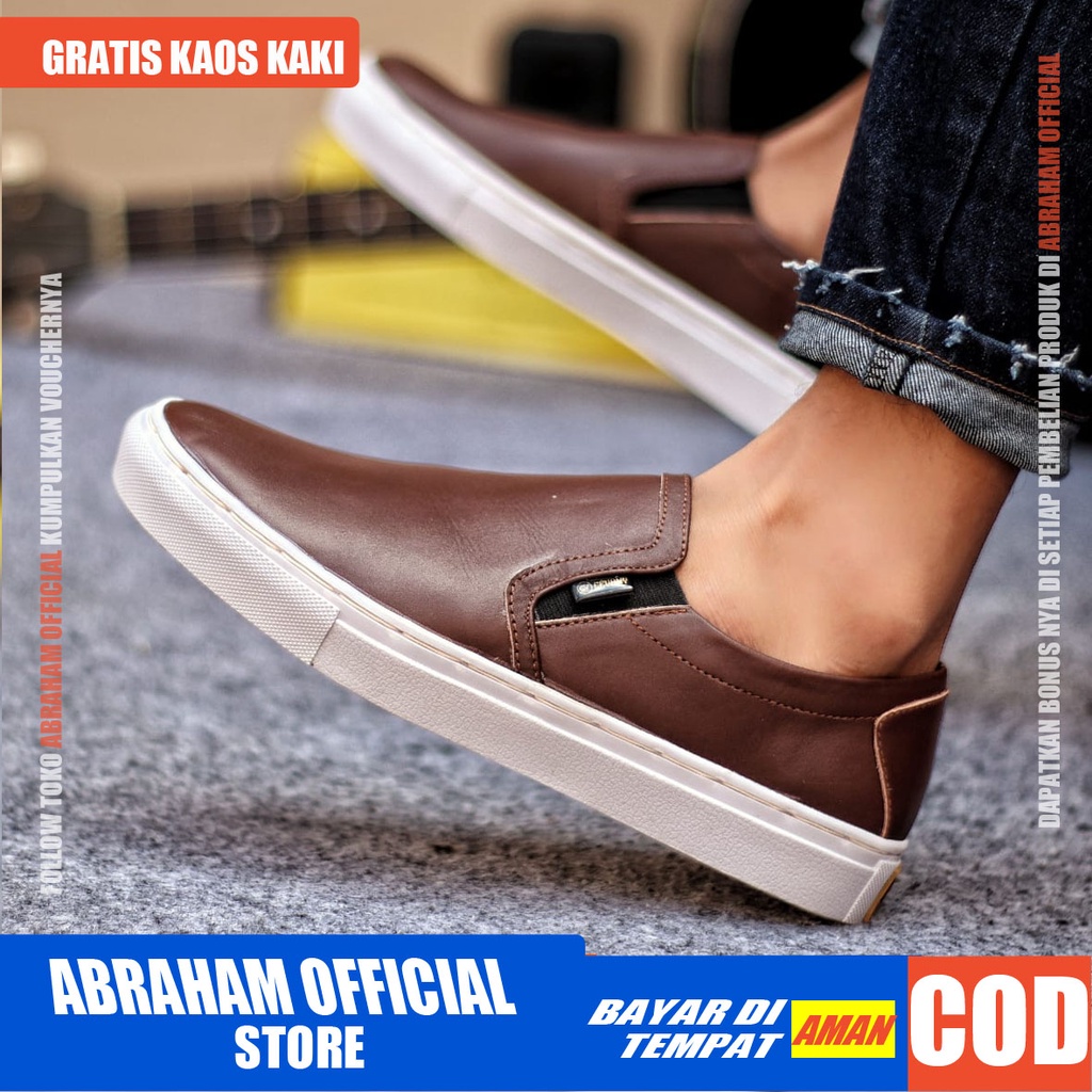 ABRHM x MORI Sepatu Slip On Pria Sepatu Pria Casual Sepatu Cowok/Cowo Kulit Asli Ori Sepatu Kasual Slop Anti Slip Semi Formal Kerja Kuliah Gaya Santai Keren Kekinian Original Murah Terlaris