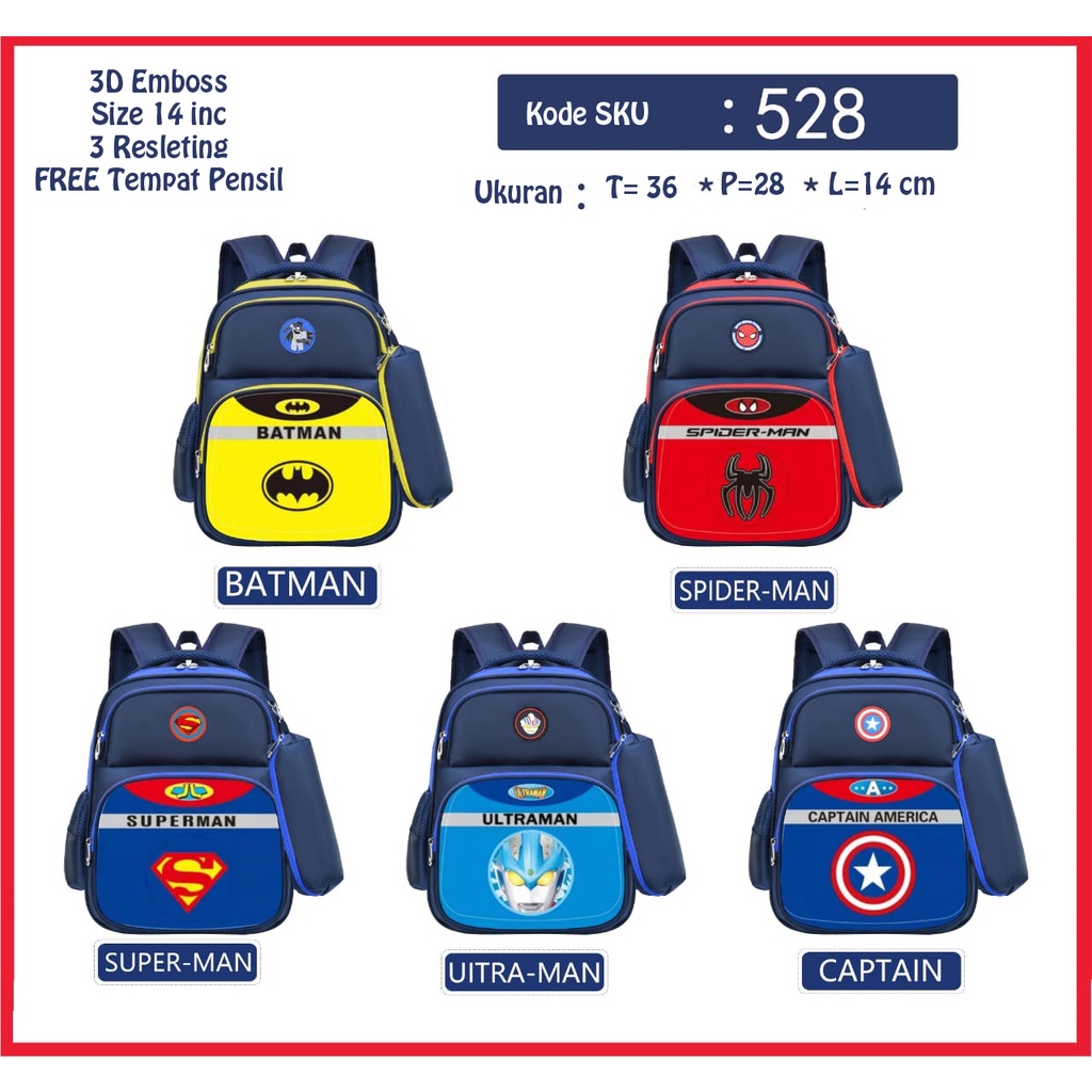 Tas Sekolah SD Ransel Anak Laki-Laki 3D Emboss Tas Anak Import Karakter Superhero Timbul Backpack School for Boys Karakter Marvel 3D