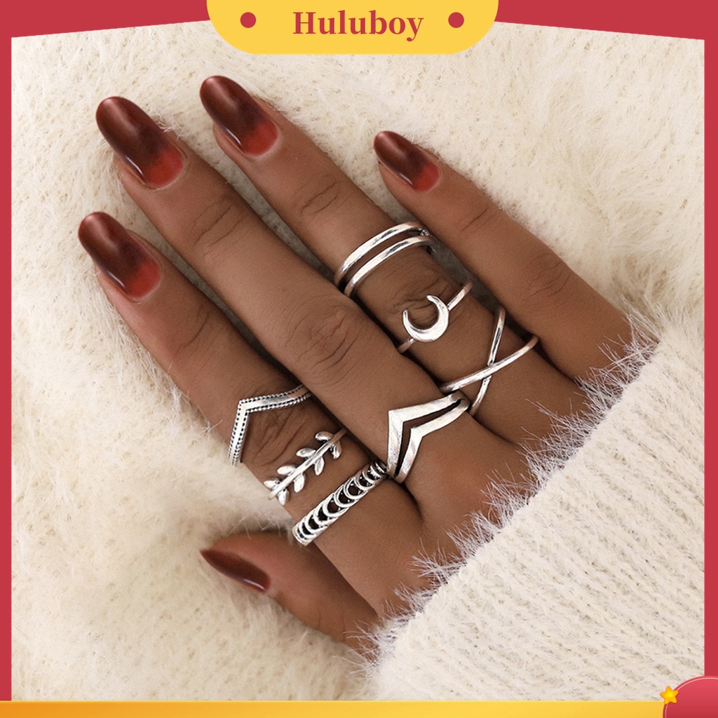 Huluboy 7pcs / Set Cincin Bentuk Salib / Bulan / Daun Bahan Alloy Electroplate Untuk Wanita