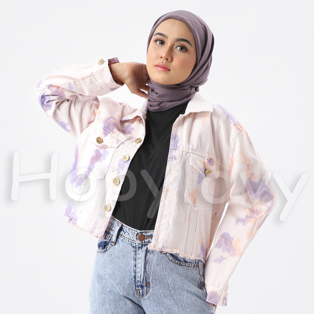 HOPYLOVY - Jaket Jeans Wanita Motif Tie Dye Sunrise