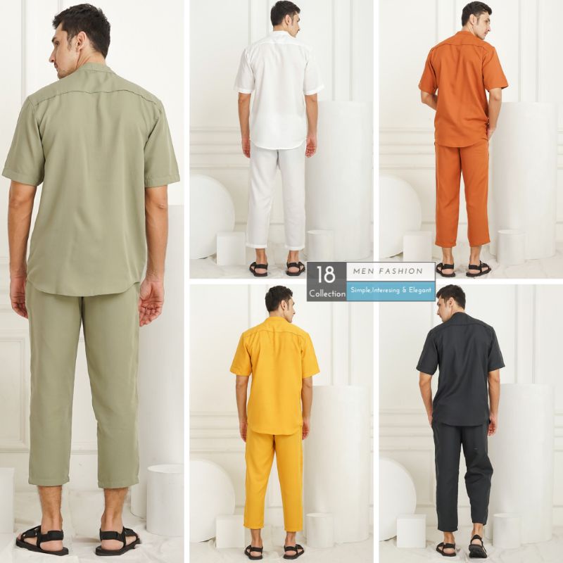 [Bisa COD] Koko Kurta Dewasa Polos Lengan Pendek Satu Set Baju Dan Celana