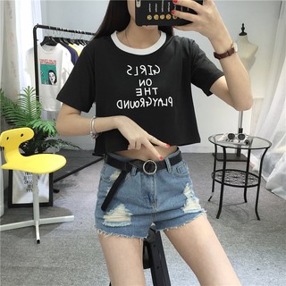  Kaos  T shirt Wanita Model Crop  top Lengan Pendek Dengan 