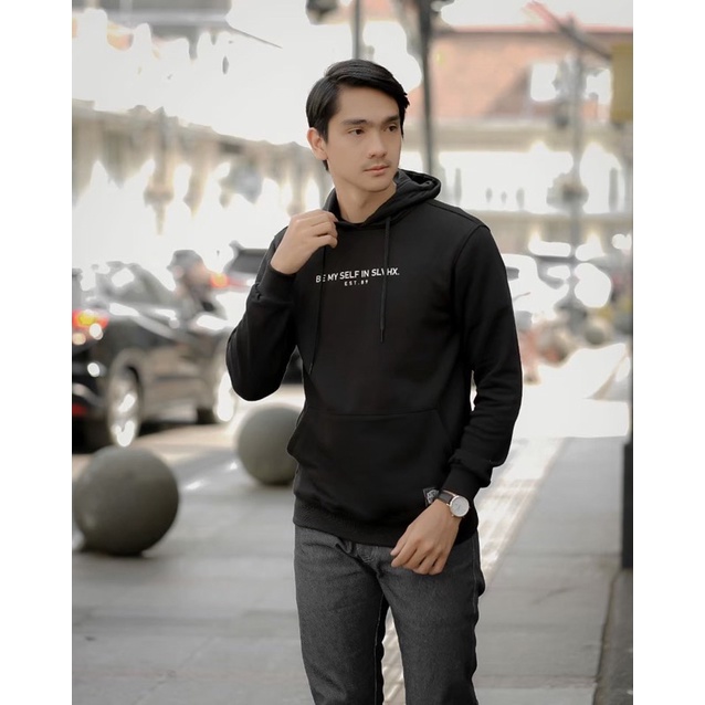 Sweater Hoodie Simple Jaket Pria Salviohexia Be My Selfe Hitam Putih