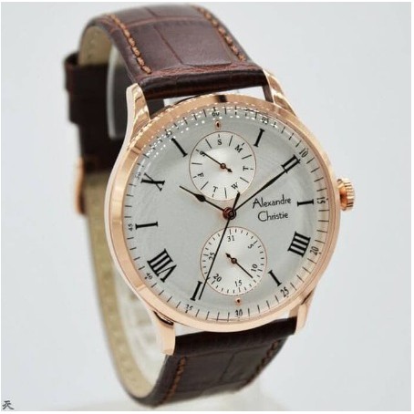 Jam Tangan Pria  Kulit  Brown Rosegold Alexandre Christie AC 6437MF
