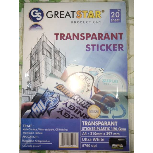 

ISi 20 Kertas Sticker Transparan A4 Greatstar Inkjet Printer