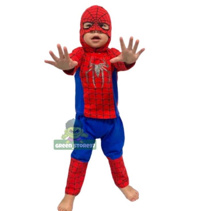 baju anak spiderman topeng kain / setelan spiderman anak topeng kain ♥➭ (Terbatas)