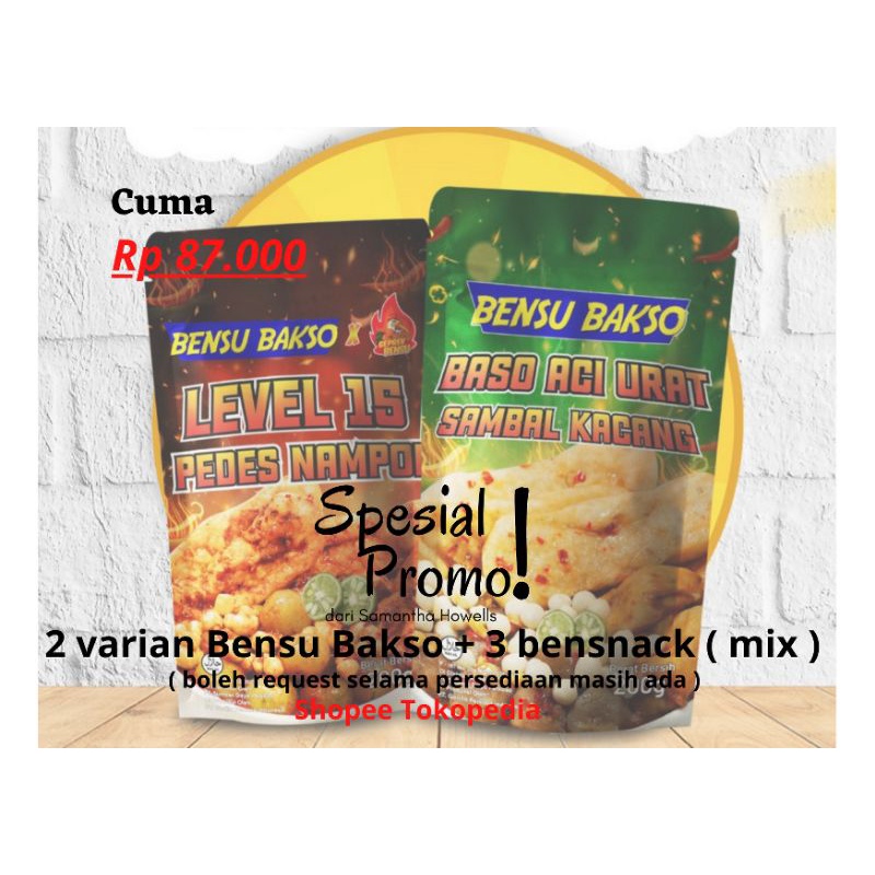 

Spesial promo 2 bensu bakso + 3 bensnack ( mix )