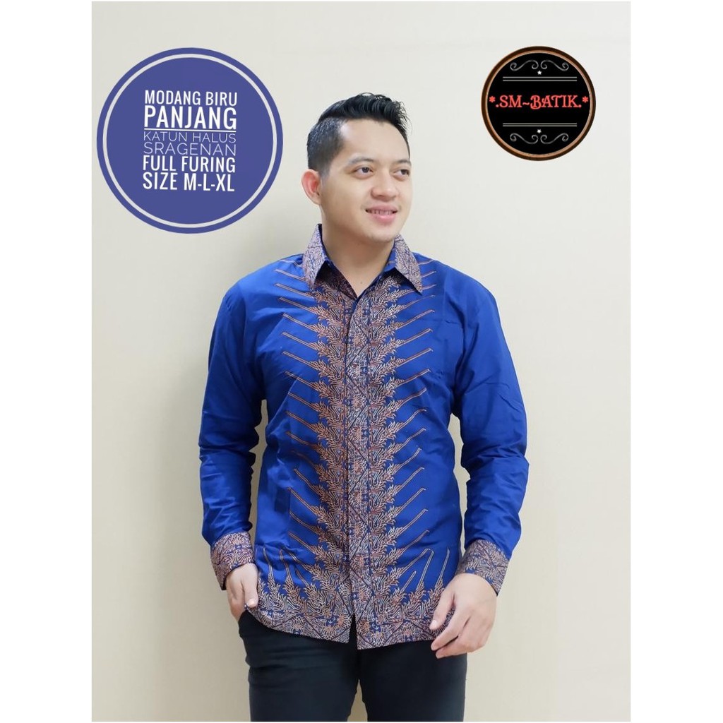 Batik Solo Kemeja Batik Solo Lengan Panjang Lapis Furing Modang Biru SM Atasan Modern Proboseto Bima