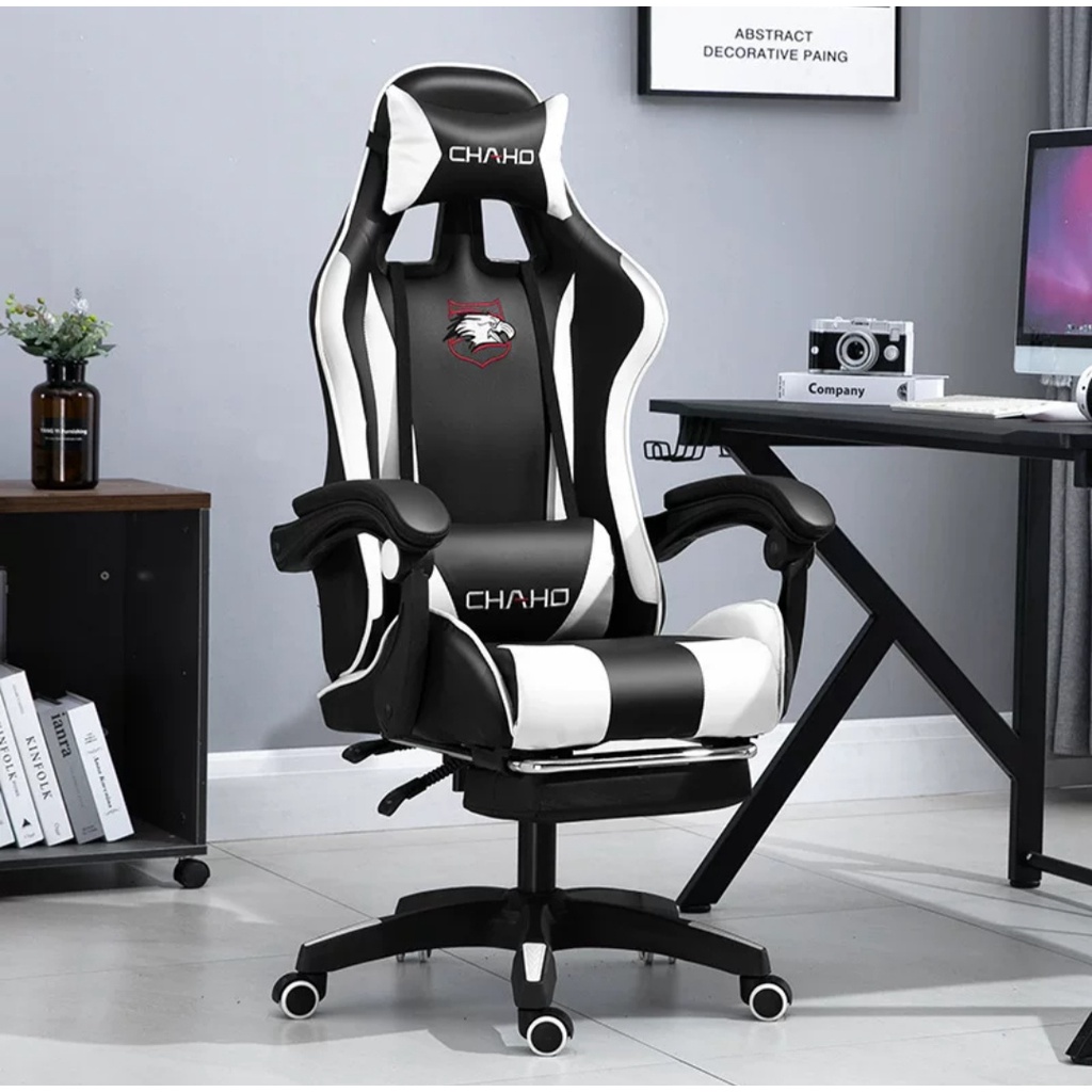 Bangku Gaming Kursi Gaming Chaho Chair Kursi Kerja Hidrolik Horizontal Footrest Kursi Balap-313 Putih Footrest