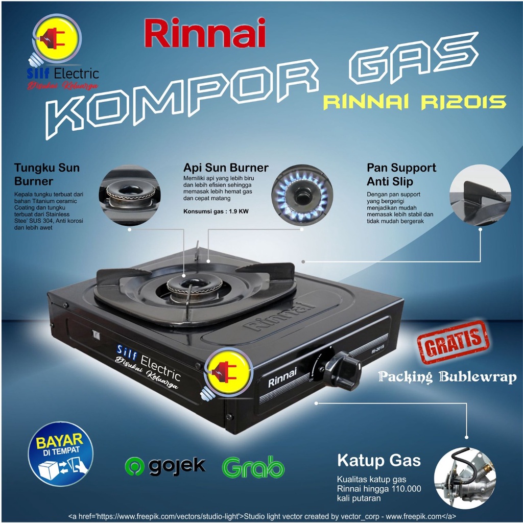 Kompor Gas Rinnai 2 Tungku RI 202 S / Kompor Rinnai 2 Tungku/Kompor Murah Promo 1 Set Plus Selang Regulator