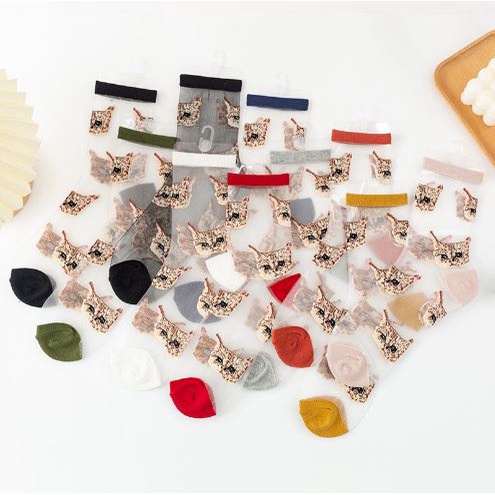 KKT-68 Kaos Kaki Korea Transparan Kekinian Motif Kepala Kucing Cat