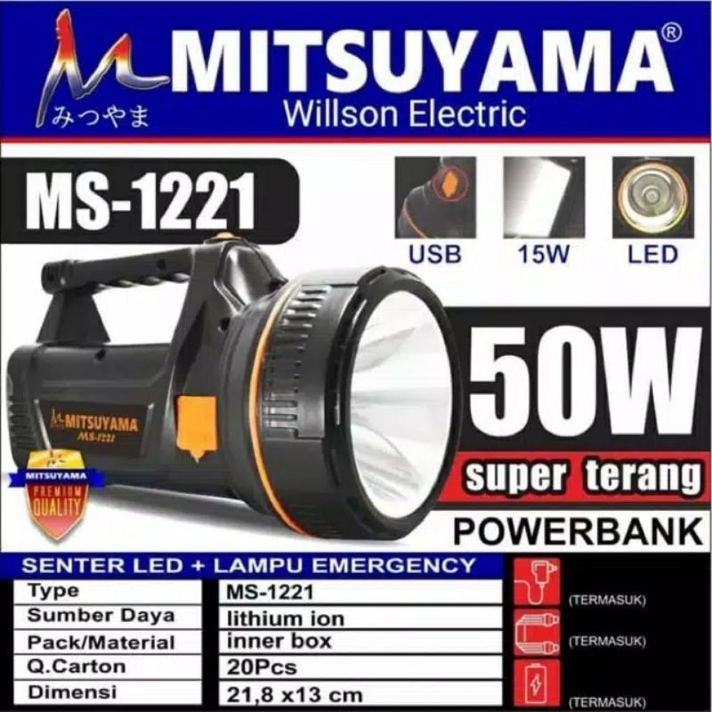 Senter Tangan Mitsuyama 50w Led + Lampu Emergency Ms 1221 *COD*