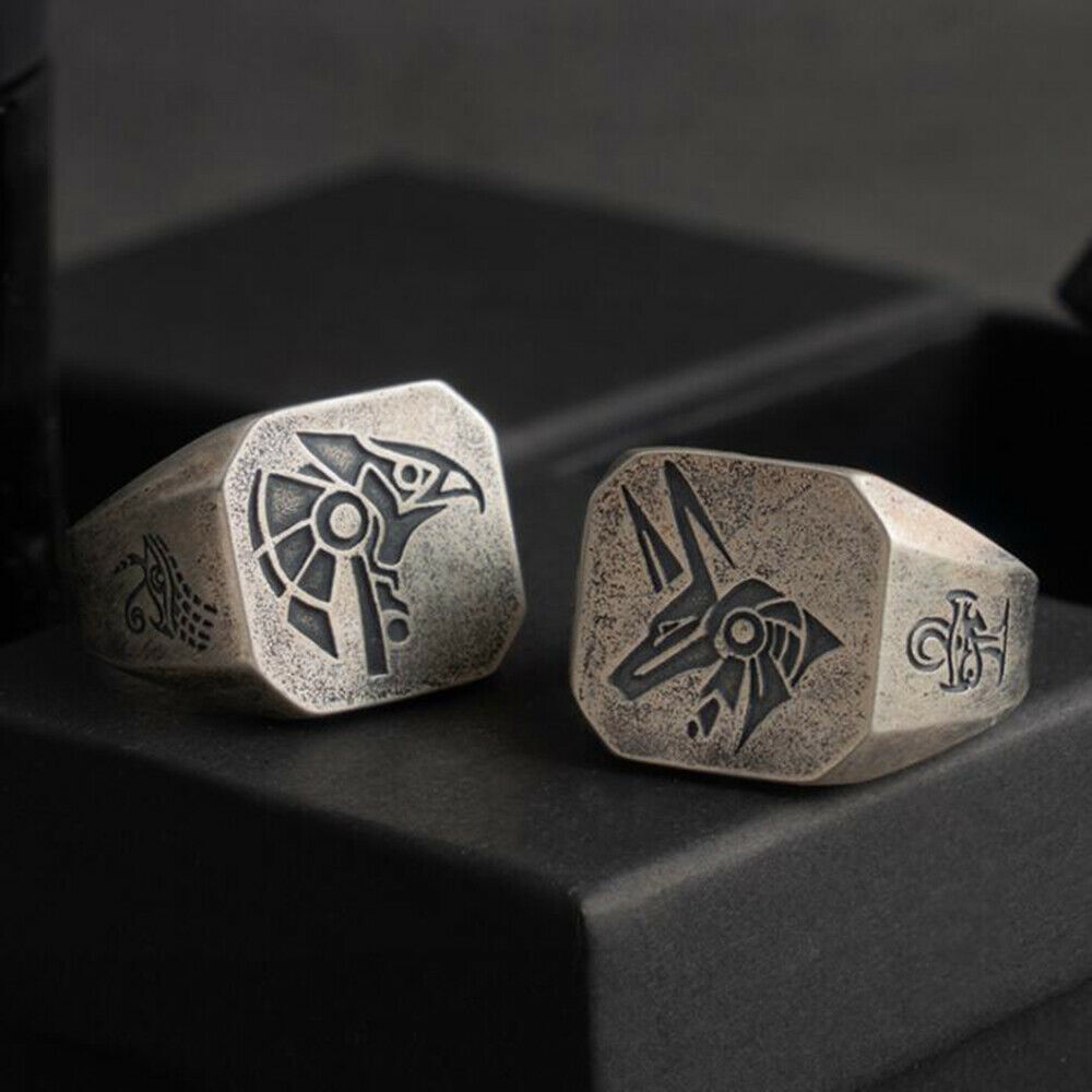 Cincin Baja Titanium Retro Perak Satwa Serigala Burung Rajawali Pria Mitologi Mesir Fashion Punk Horus Anubis Silver Rings
