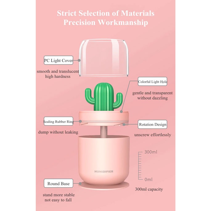 PELEMBAB RUANGAN AIR HUMIDIFIER ULTRASONIC AROMATHERAPHY OIL DIFFUSER KAKTUS Y07 UNIK LUCU 300ML