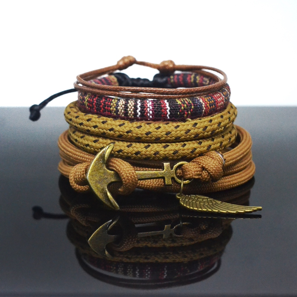 Gelang Pria Keren Tangan Tali Paracord Satu Paket Bracelet Cowo Laki Laki Adjustable Warna Khaki