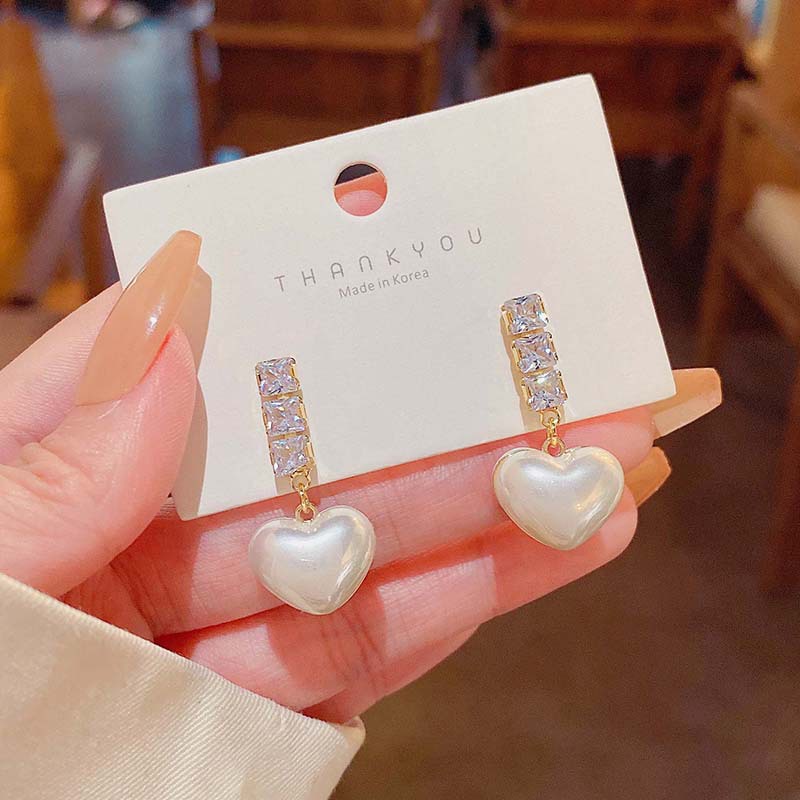 Anting Tusuk Sterling Silver 925 Desain Hati Hias Zircon + Mutiara Gaya Mewah Untuk Wanita