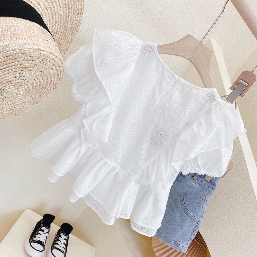 Setelan Anak Perempuan WHITE NOVA Baju Anak Kemeja dan Celana Jeans pendek 3 - 8 tahun Korean style Import
