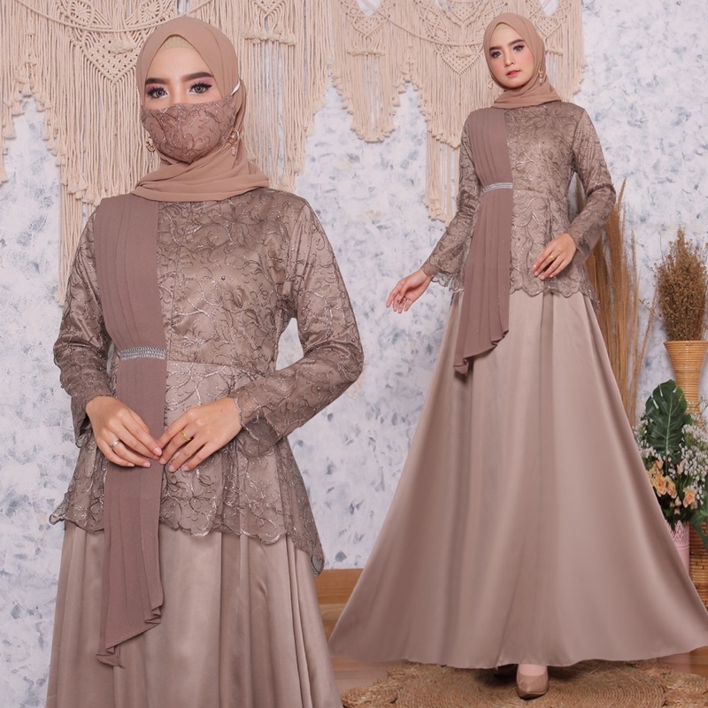 Gamis Kebaya Brukat Satin Kembang Mode Selendang Mayang/ Nikahan /Pesta