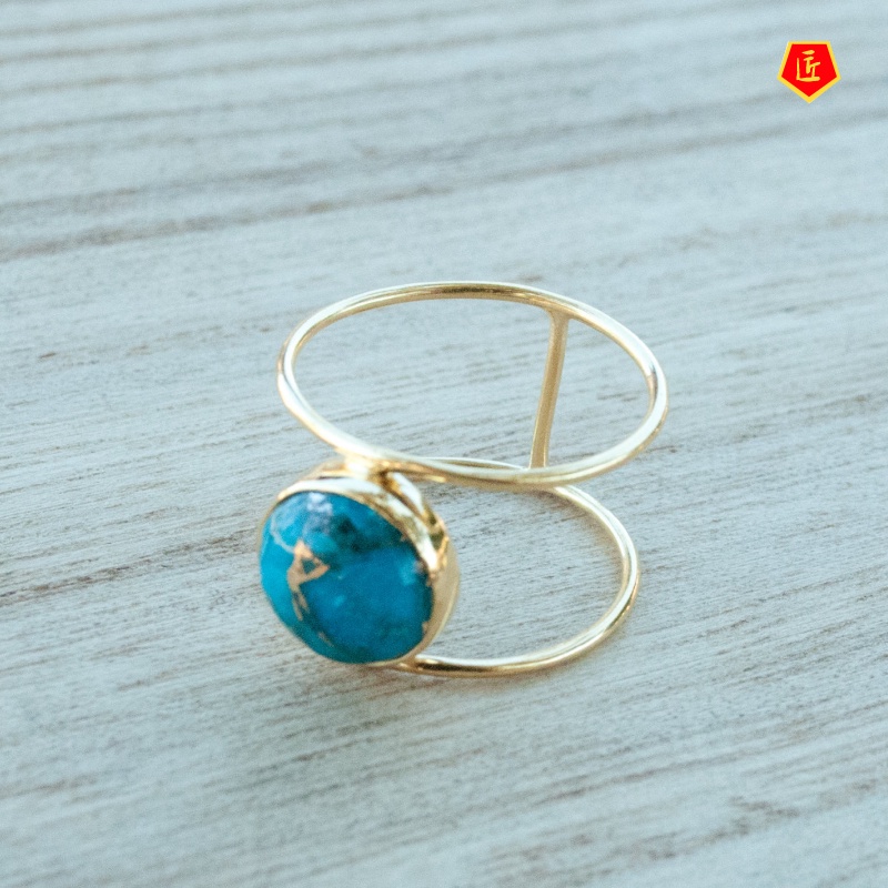 [Ready Stock]Women's New 18K Gold Exaggerated round Large Turquoise Ring