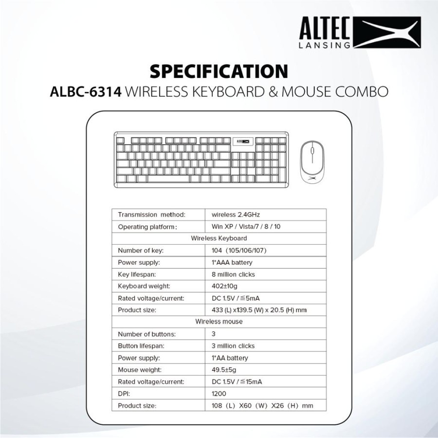 Keyboard Mouse Wireless Altec Lansing ALBC-6314 Silent White