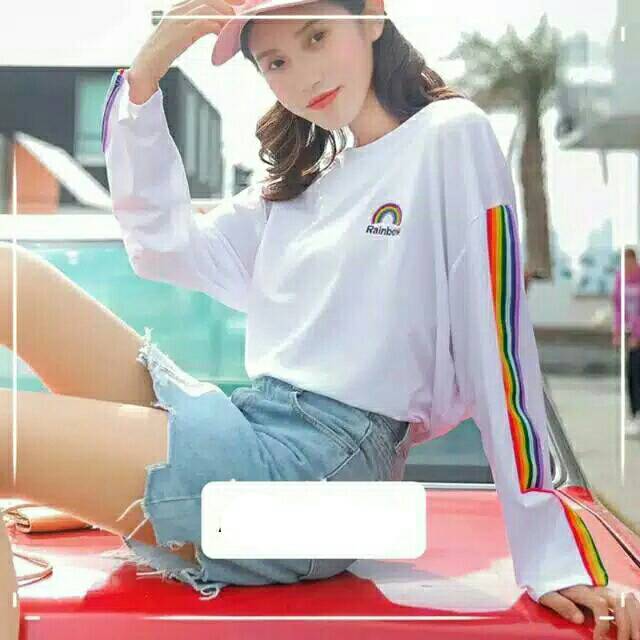 Sweater pelangi/ rainbow (list asli + sablon timbul) kaos panjang wanita baju panjang wanita