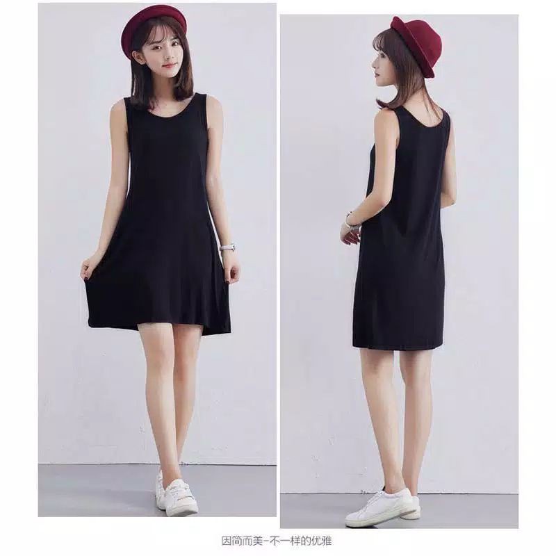 DRESS TANPA LENGAN DRESS PENDEK DRESS POLOS LONG SINGLET WANITA INNER DRESS BASIC