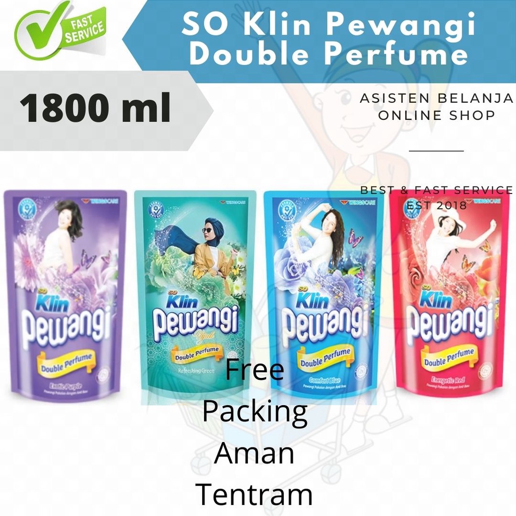 SO KLIN SOKLIN Pewangi Pengharum Pelembut Pakaian Refill 1800 ml 1,8L Energetic Red , Comfort Blue , Exotic Purple , Refreshing Green ,  Romantic Pink 1.8 Liter