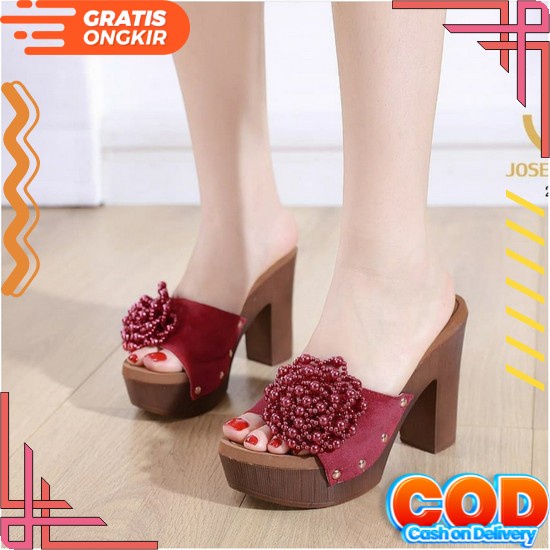 Jems_Shhop Sendal Heels Hak Tahu Motif Daun Mute Md 557 Sandal Heels Wanita Import Sendal Kondangan 