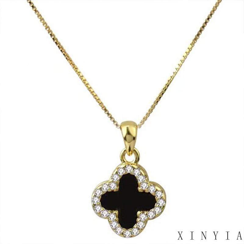 18K Kalung Titanium Anti Karat Rantai Kalung Rantai Liontin Daun Clover Hias Zircon Aksesoris Wanita