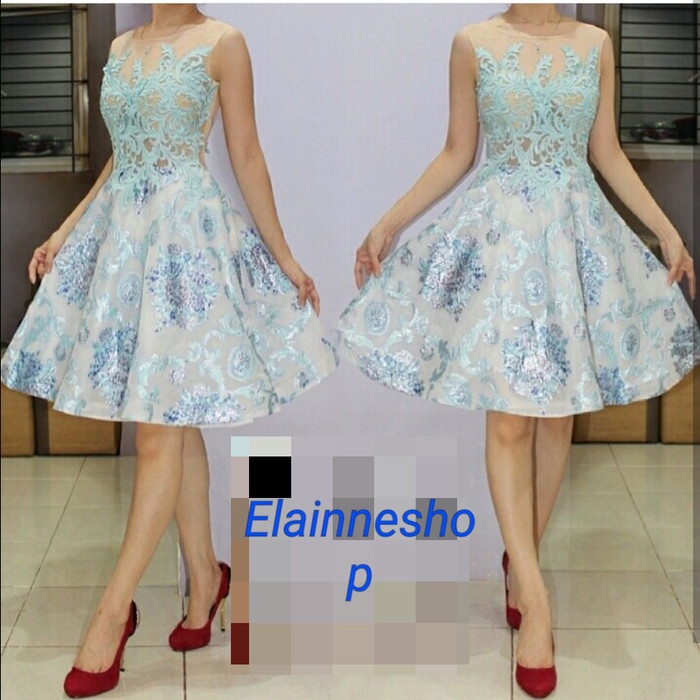 (TERLARIS) Dress jaquar premium/Party dress/Dress pesta - Biru Muda, L