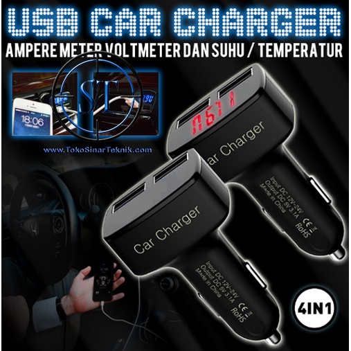 USB Car Charger 4 in 1 Amperemeter, Voltmeter 3.1A Temperatur Suhu