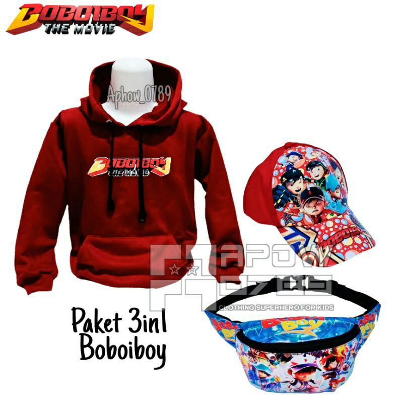 switer anak hoodie anak laki laki tas selempang anak topi anak 3in1 motif boboy sweater anak