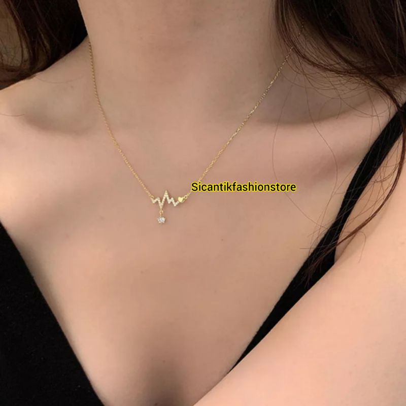 Kalung Titanium Gold Terbaru Terlaris Fashion Wanita Anti Karat Selamanya Kalung Titanium Wanita Liontin Gold Detak jantung  Perhiasan Wanita Kalung Wanita Anti Karat Liontin Gold Kalung Titanium Liontin Gold Terbaru