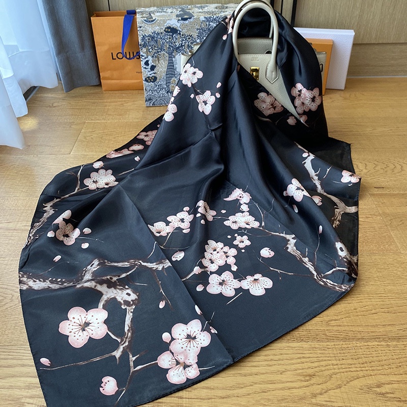 90x90cm Besar Syal Leher Fashion Korea Sederhana Gaya Aksesoris Hitam Putih Persegi Bergaris Selendang syal-C