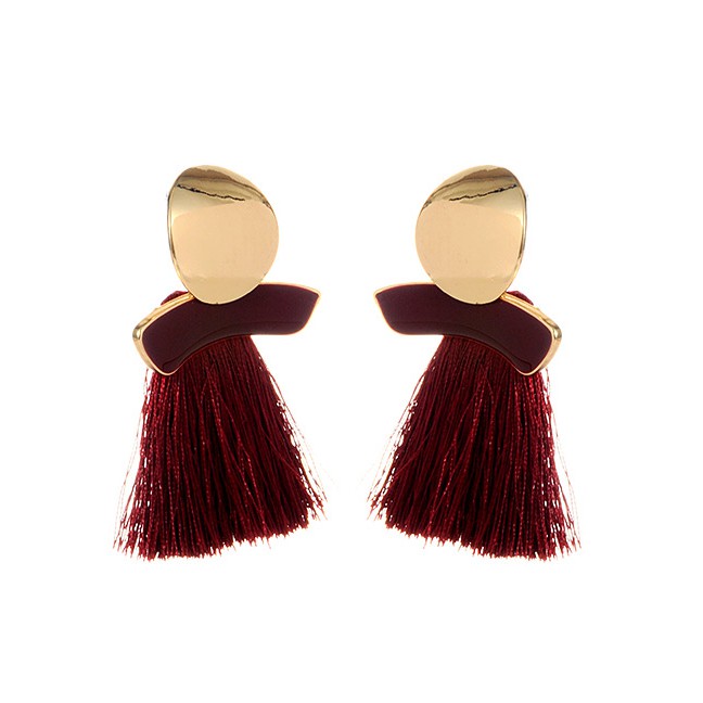 LRC Anting Tusuk Fashion Claret Round Shape Decorated Tassel Earrings