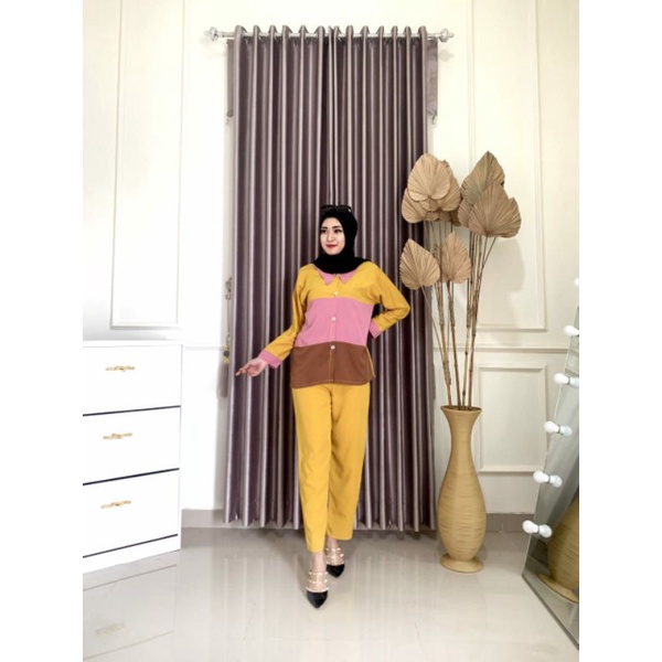 One Set Wanita  Rainbow Rayon Premium Setelan Wanita Lengan Panjang Set Celana Panjang Kekinian LD 110 cm