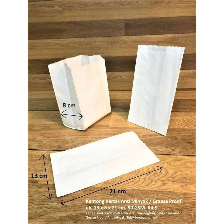 

PB 100pcs Paperbag Flat White Greaseproof (M) 13x8x21cm