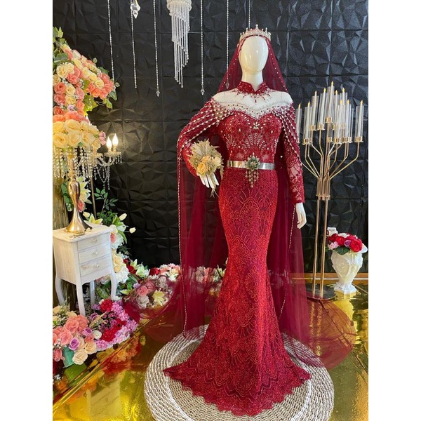 baju gaun pengantin wedding dress span slim warna merah full payet pengantin wanita mewah murah cantik