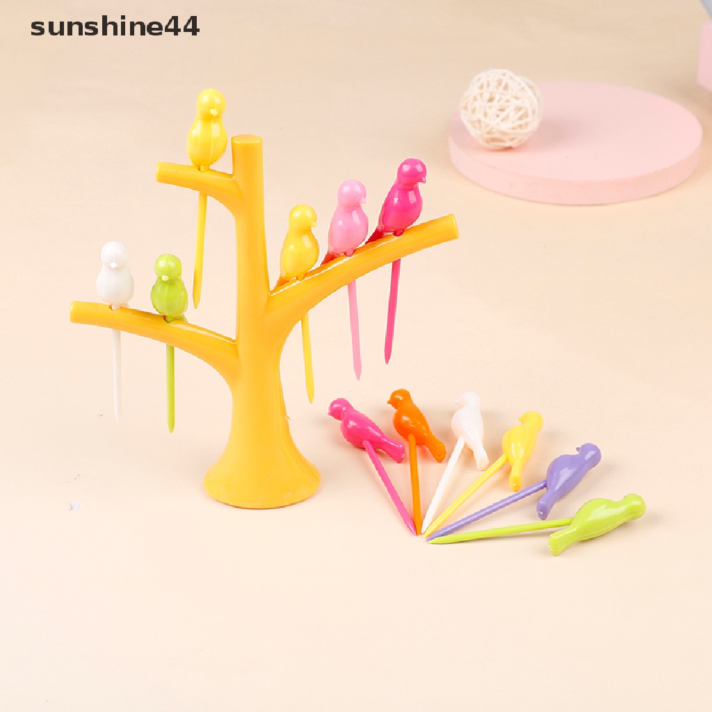 Sunshine Set Garpu Buah / Sayur / Dessert Bentuk Pohon + Burung Bahan Plastik Untuk Anak