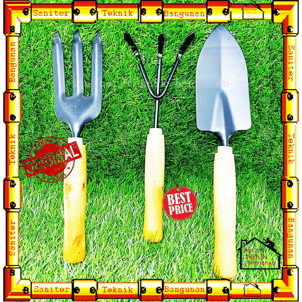 ALAT BERKEBUN SET 3 PCS BESAR GAGANG KAYU-GARDEN TOOLS-ALAT KEBUN-SEKOP GARPU GARUKAN