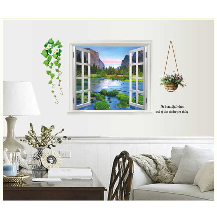 RELIZA WALL STICKER JENDELA DANAU BUKIT PEGUNUNGAN PEMANDANGAN WINDOW GREEN TREE AY893