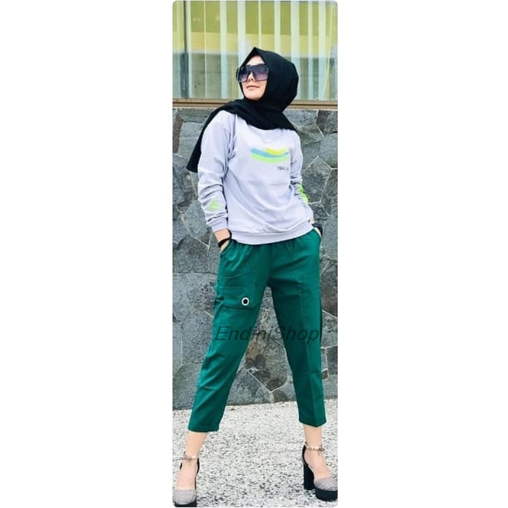 Celana Panjang Cargo Pantaloni Numia Ring Bahan Katun Cigarrete Warna Hijau Botol